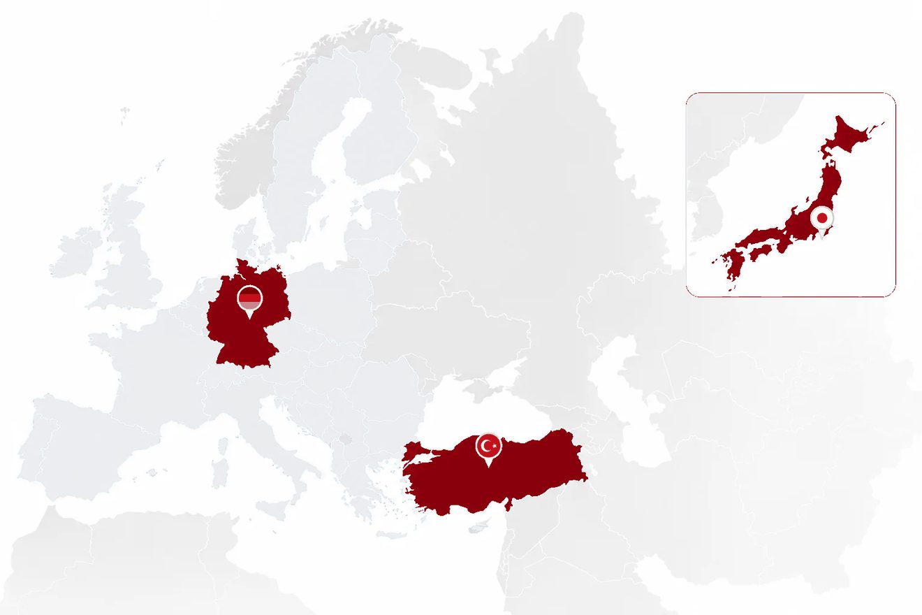 Map of the office locations in Turkey, Germany and Japan