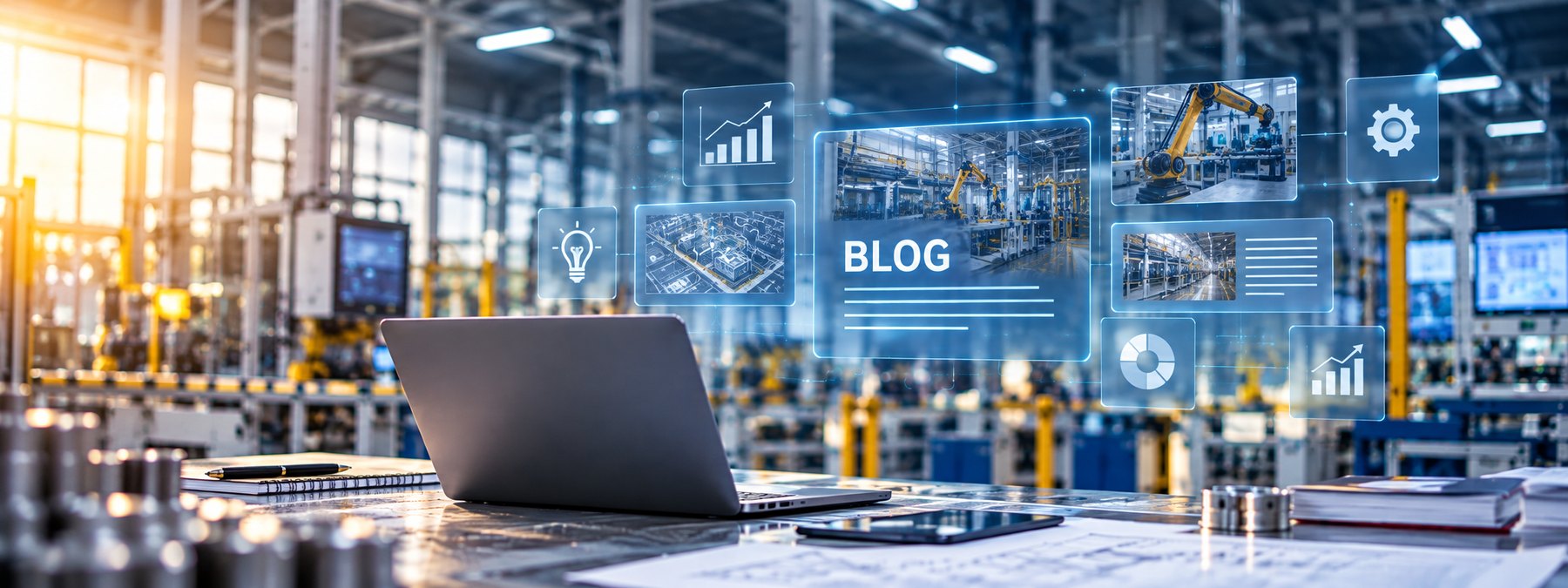 Digital blog panel and laptop in the factory (illustrative image)