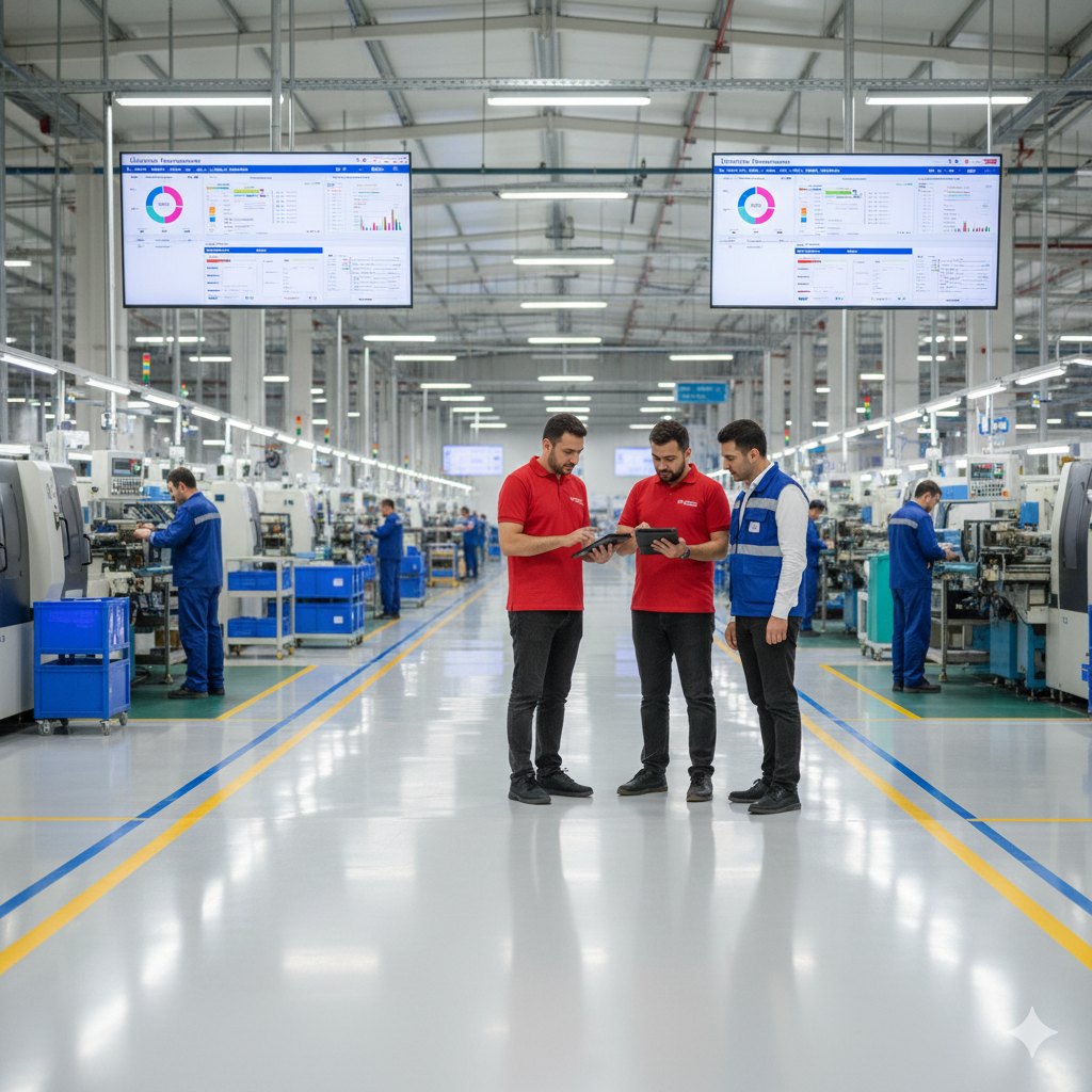 Consultants reviewing the digital board on a tablet on the factory floor (illustrative image)