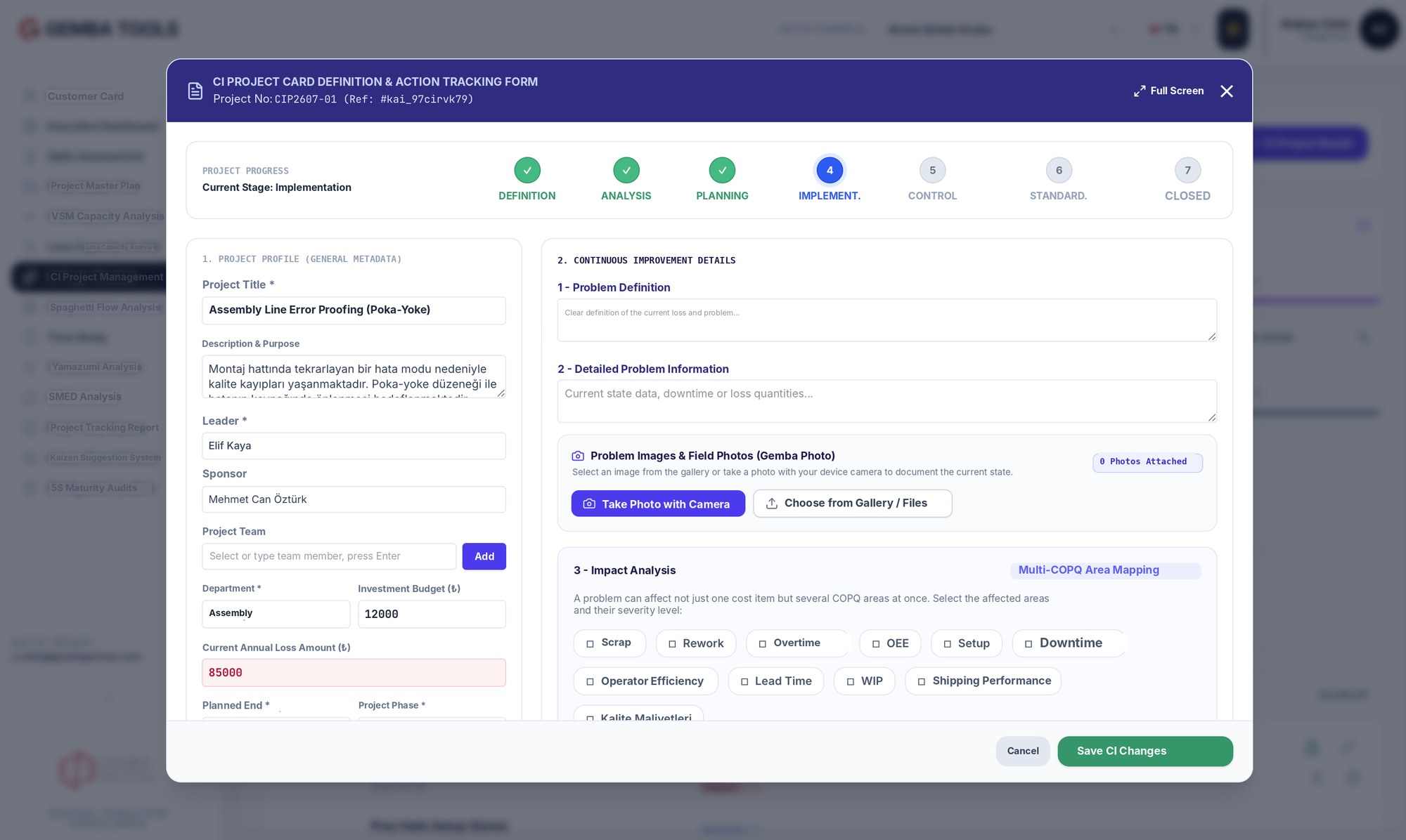 CI Project Management screen